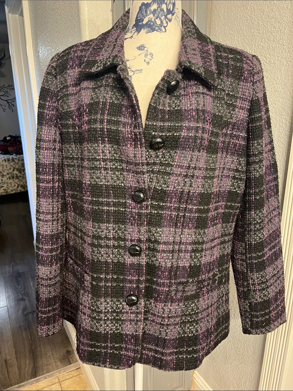 Christopher & Banks Black and Purple Plaid Button Front Blazer